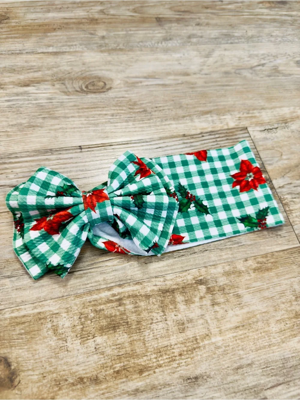 Baby Girl Christmas Green Gingham Poinsettia Big Headband Bow